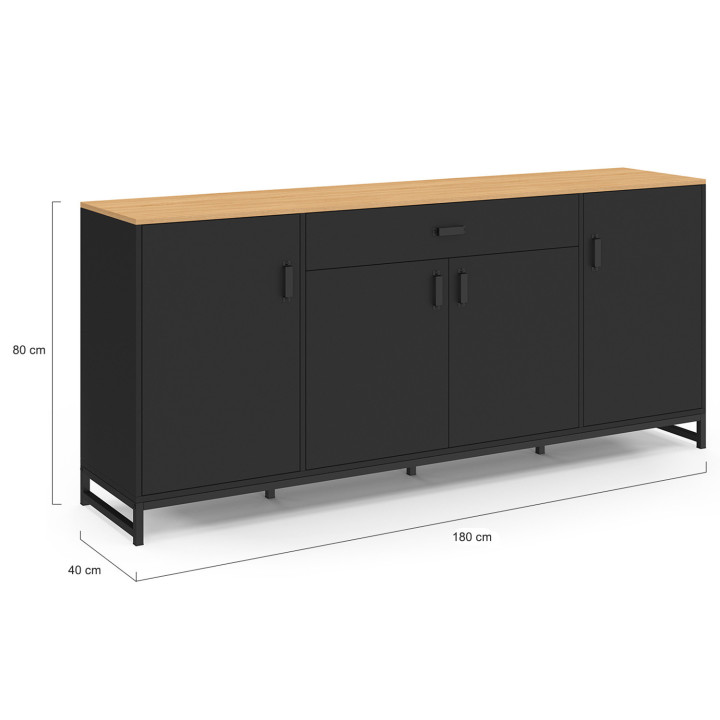 Sideboard 180 cm XXL 4 Türen und 1 Schublade Holz und Schwarz - WASHINGTON | IDMarket