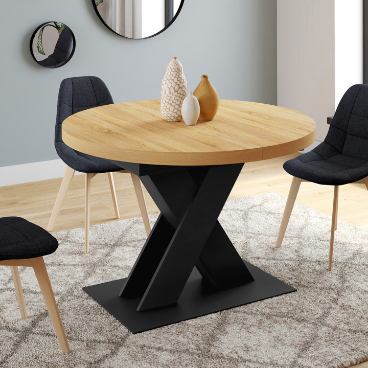 Mesa de comedor redonda extensible 4-8 personas madera y negro 110 - 150 cm - ALICIA | IdMarket