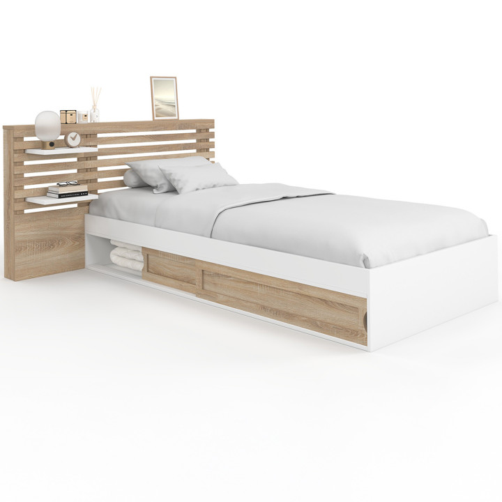 Cama individual y somier de 90x190cm con cabecero de madera de haya y almacenaje - SAVANA | IdMarket
