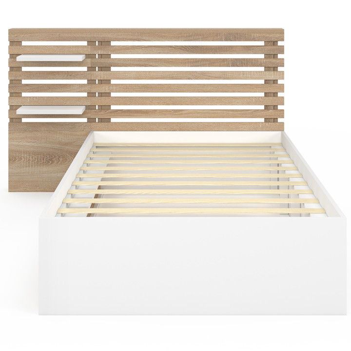 Cama individual y somier de 90x190cm con cabecero de madera de haya y almacenaje - SAVANA | IdMarket