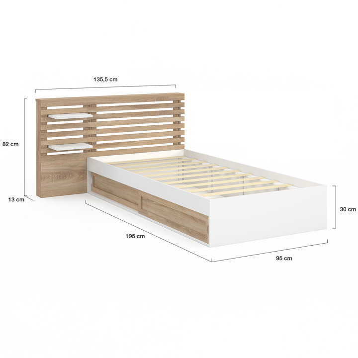 Cama individual y somier de 90x190cm con cabecero de madera de haya y almacenaje - SAVANA | IdMarket