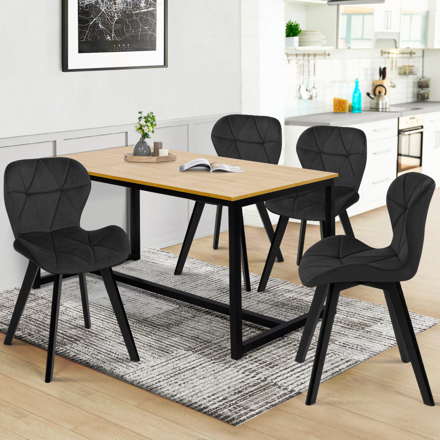 Ensemble Salle à Manger 4 Chaises + Table Rectangulaire - Style Moderne, Velours Noir, Effet Marbre