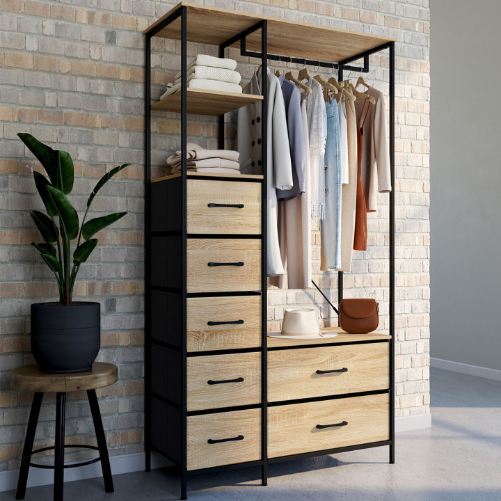 Ankleidezimmer Kleiderschrank + Säule B. 90 cm mit 1 Regal und 7 Behältern aus Stoff in Holz und Schwarz - UTAH | IDMarket