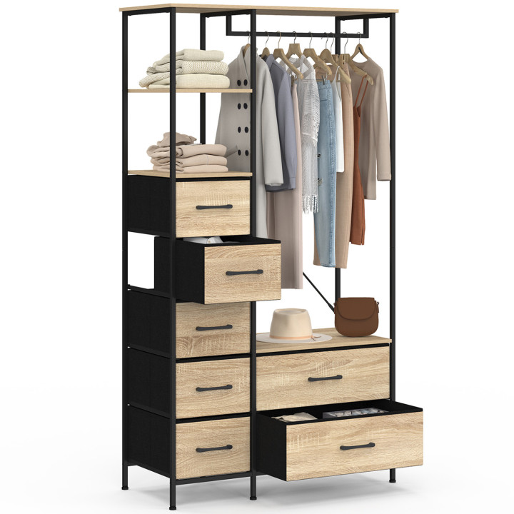 Armario vestidor + columna L. 90 cm con 1 estante y 7 cajones en madera y tela negra - UTAH | IDMarket