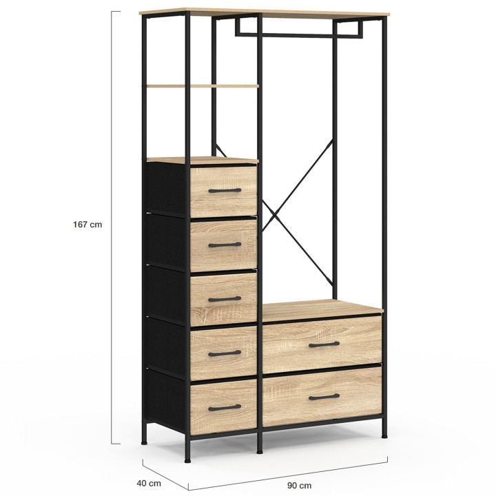 Armadio spogliatoio + colonna L. 90 cm con 1 ripiano e 7 cestini in legno e tessuto nero - UTAH | IDMarket