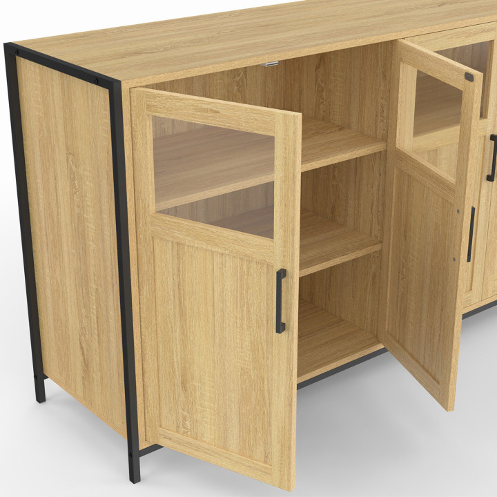 Sideboard 4 Türen mit Vitrinen 140cm Industriedesign - DETROIT | IdMarket