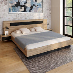 Cama de matrimonio con cabecero, mesillas y somier de madera y negro - SANTA | IDMarket