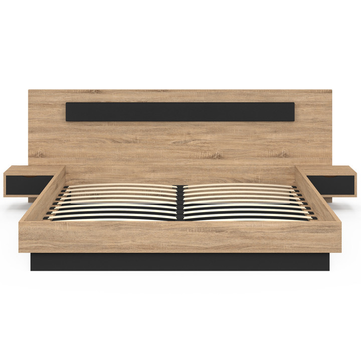 Cama de matrimonio con cabecero, mesillas y somier de madera y negro - SANTA | IDMarket