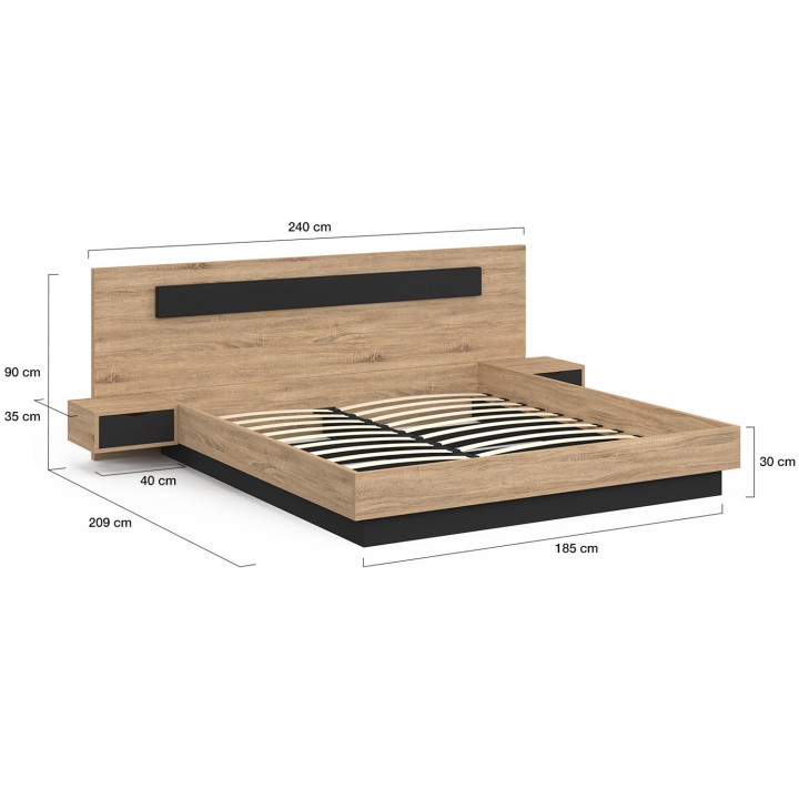 Cama de matrimonio con cabecero, mesillas y somier de madera y negro - SANTA | IDMarket