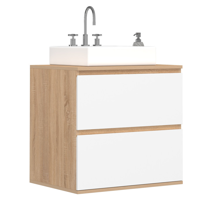 Mueble de baño suspendido de 2 cajones en haya y blanco - TOM | IdMarket