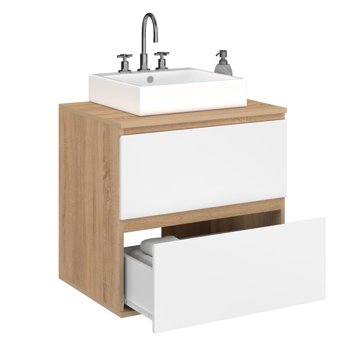 Mueble de baño suspendido de 2 cajones en haya y blanco - TOM | IdMarket