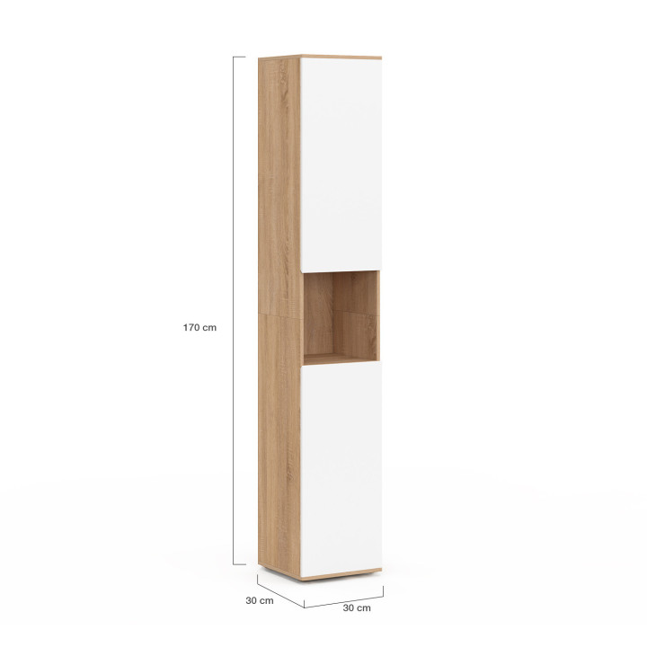 Armario de pared para baño de 2 puertas y 1 hueco en blanco y haya - TOMI | IdMarket