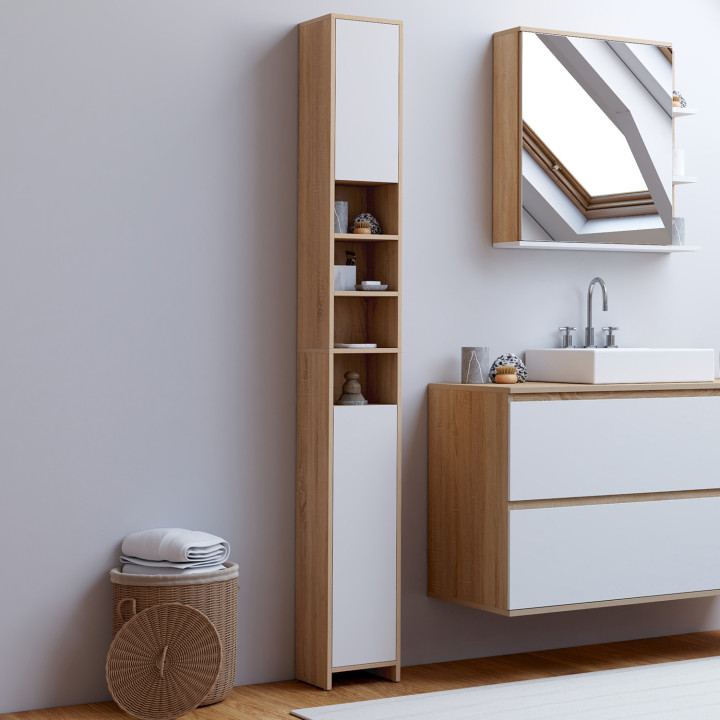 Mueble de baño de 2 puertas con 4 huecos en haya y blanco - TOMI | IdMarket