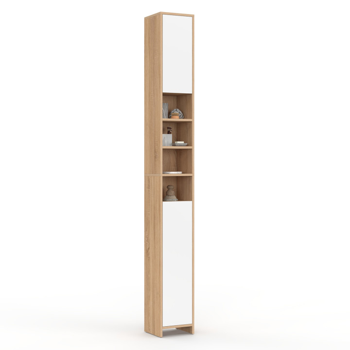 Mueble de baño de 2 puertas con 4 huecos en haya y blanco - TOMI | IdMarket