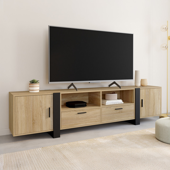 Mueble de TV PHOENIX 200 cm 2 puertas 2 cajones madera y negro | IDMarket