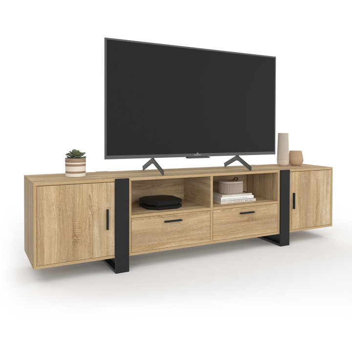 Mueble de TV PHOENIX 200 cm 2 puertas 2 cajones madera y negro | IDMarket