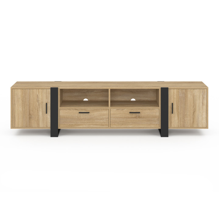 Mueble de TV PHOENIX 200 cm 2 puertas 2 cajones madera y negro | IDMarket