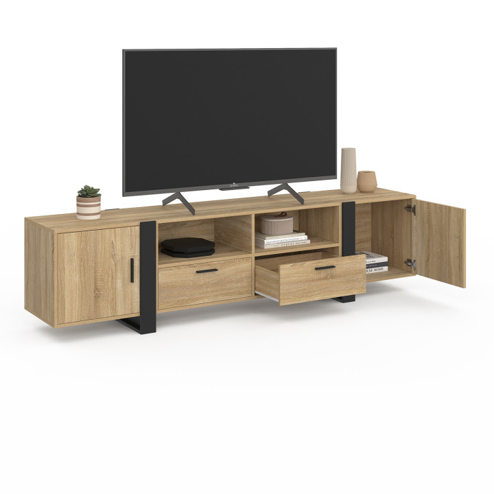 Mueble de TV PHOENIX 200 cm 2 puertas 2 cajones madera y negro | IDMarket