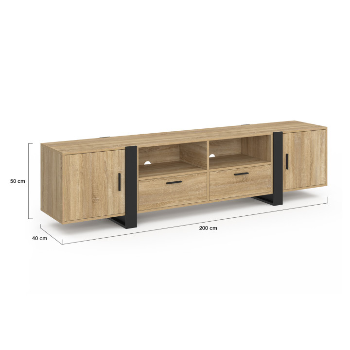 Mueble de TV PHOENIX 200 cm 2 puertas 2 cajones madera y negro | IDMarket