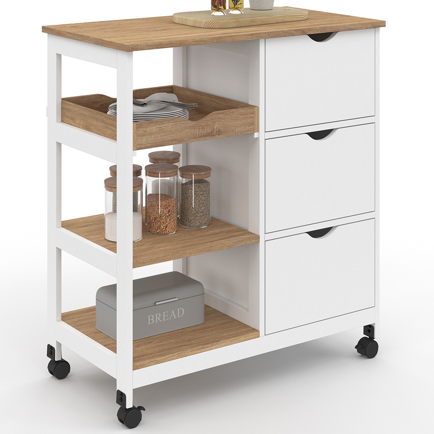 Desserte de cuisine 3 paniers + 1 plateau amovibe blanc et effet hêtre L 76 cm