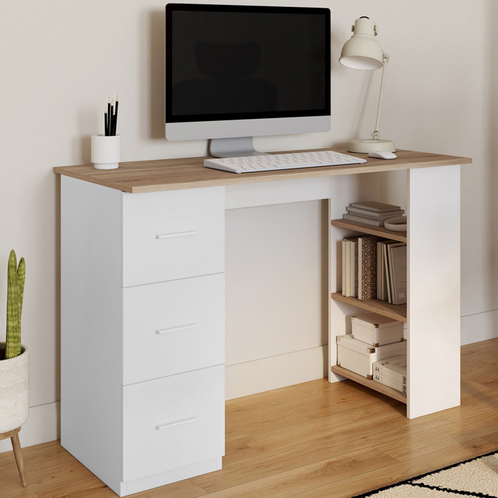 Escritorio recto de 3 cajones con estantes en blanco y madera - MAE| IDMarket