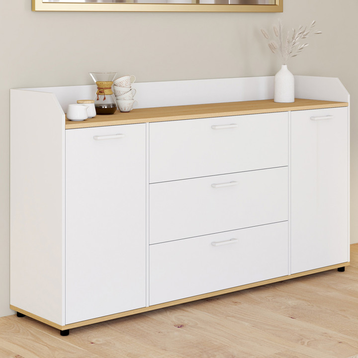 Sideboard 140 cm 4 Türen mit weißem Rand und Holzplatte in Buchenoptik - JABA | IdMarket
