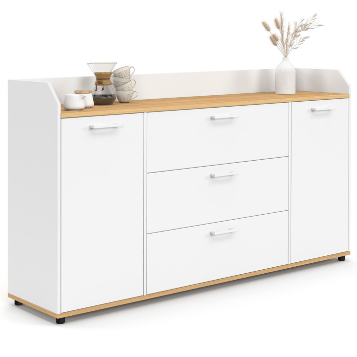 Sideboard 140 cm 4 Türen mit weißem Rand und Holzplatte in Buchenoptik - JABA | IdMarket