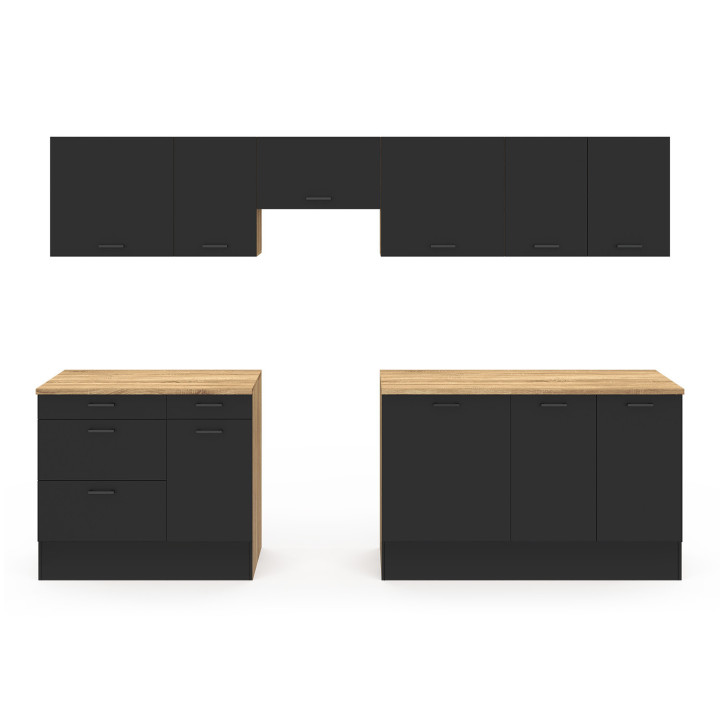 Cocina completa con cacerola y encimera de madera y negra - SUBTIL |ID Market