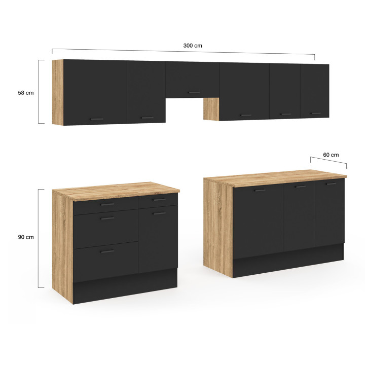 Cocina completa con cacerola y encimera de madera y negra - SUBTIL |ID Market