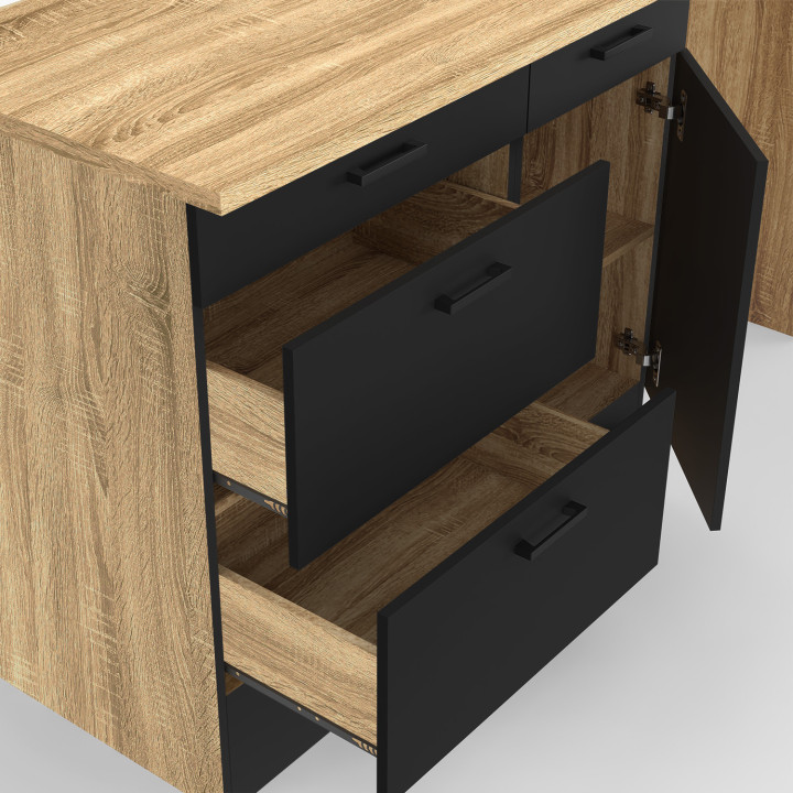 Cocina completa con cacerola y encimera de madera y negra - SUBTIL |ID Market