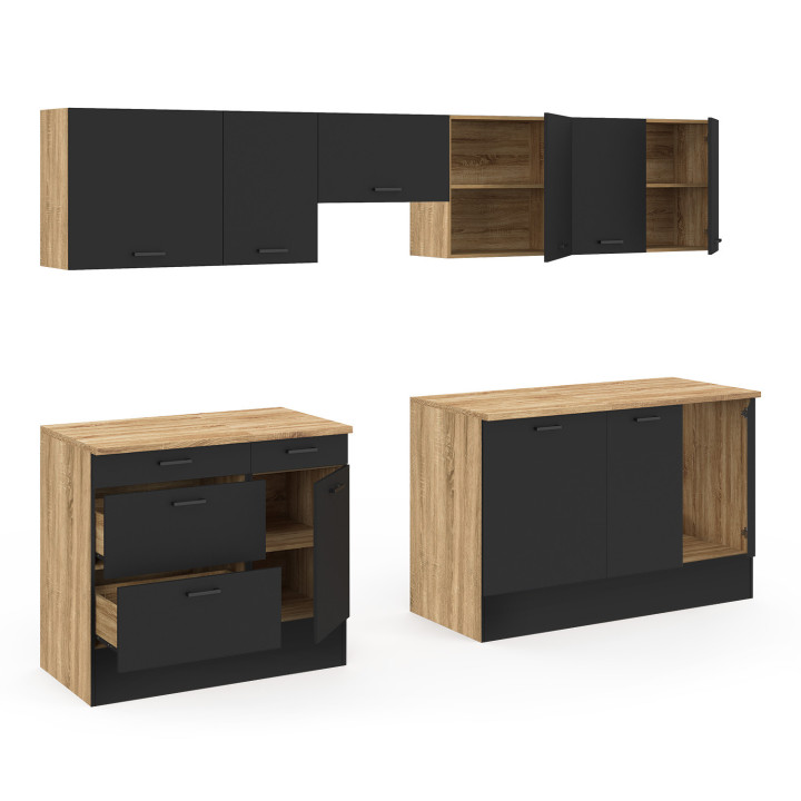 Cocina completa con cacerola y encimera de madera y negra - SUBTIL |ID Market