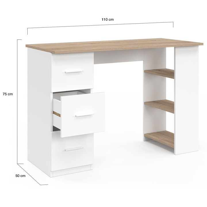 Escritorio recto de 3 cajones con estantes en blanco y madera - MAE| IDMarket