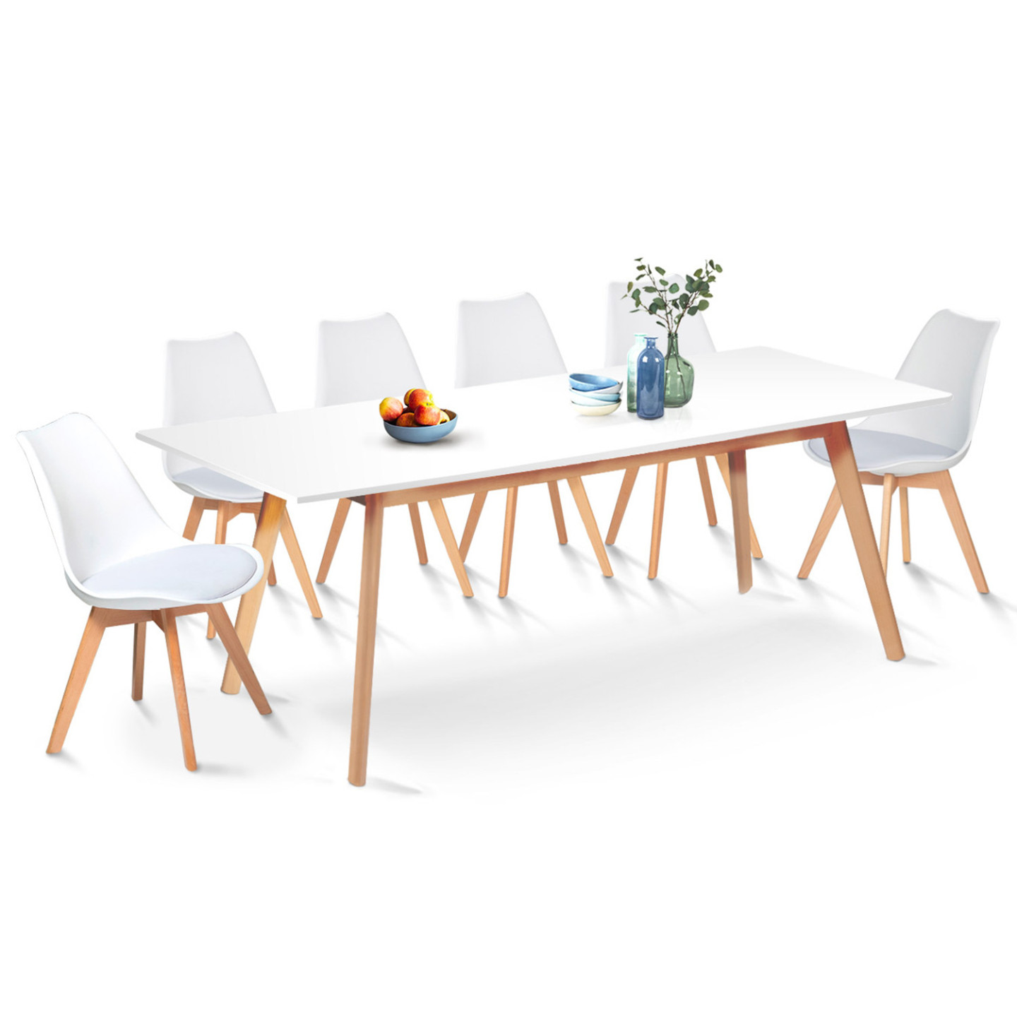 Set van 160-200cm uitschuifbare eettafel en 6 witte scandinavische ...