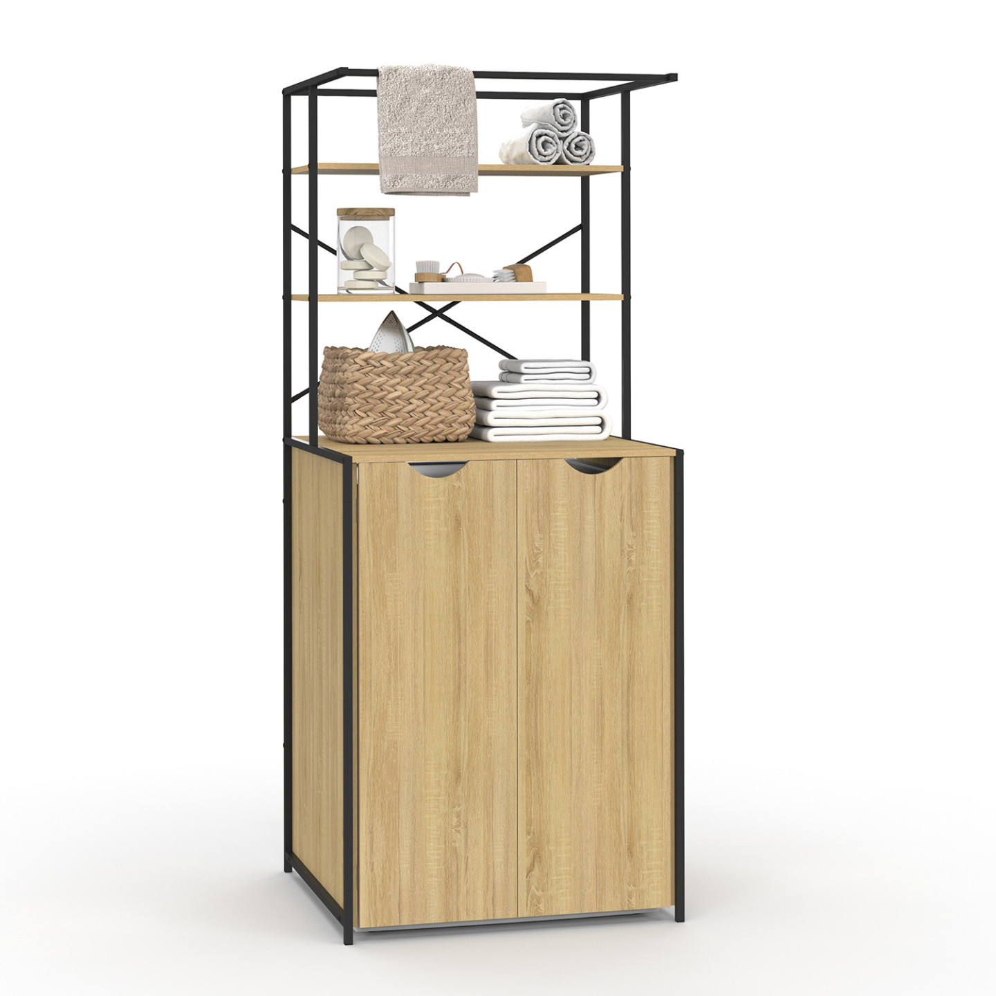 Meuble Dessus Machine à Laver DETROIT - Style Industriel Bois Et Métal - Avec étagères Et Barre De Penderie - Dimensions 66x62,5x162 Cm - 10