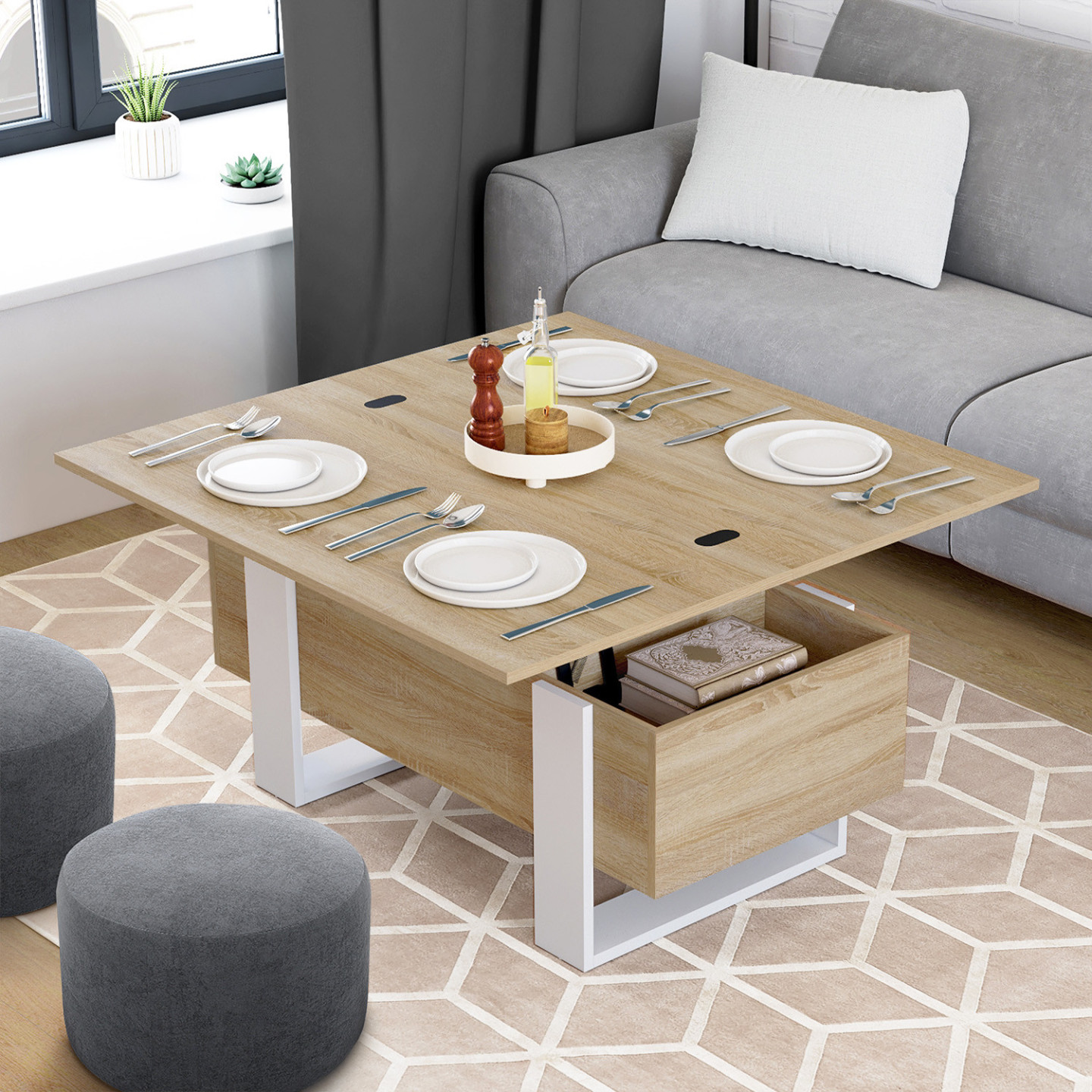 IDMarket Tavolino Rettangolare Trasformabile EDEN, In Legno E Nero, Con Poggiapiedi, Mobile Multifunzione Per Soggiorno