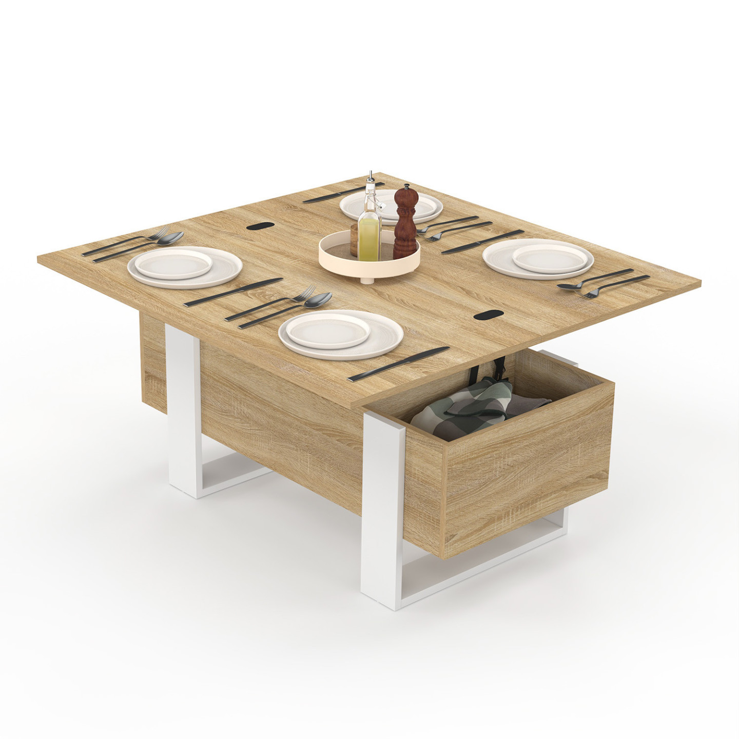 Rechteckiger Couchtisch, umwandelbar in einen Esstisch aus Holz und Weiß - PHOENIX