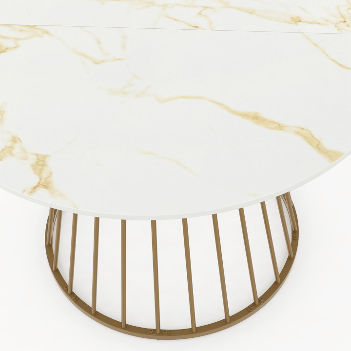 Mesa de comedor redonda para 6 personas con base de alambre de latón y tablero efecto mármol blanco 110 cm - ALASKA | IdMarket