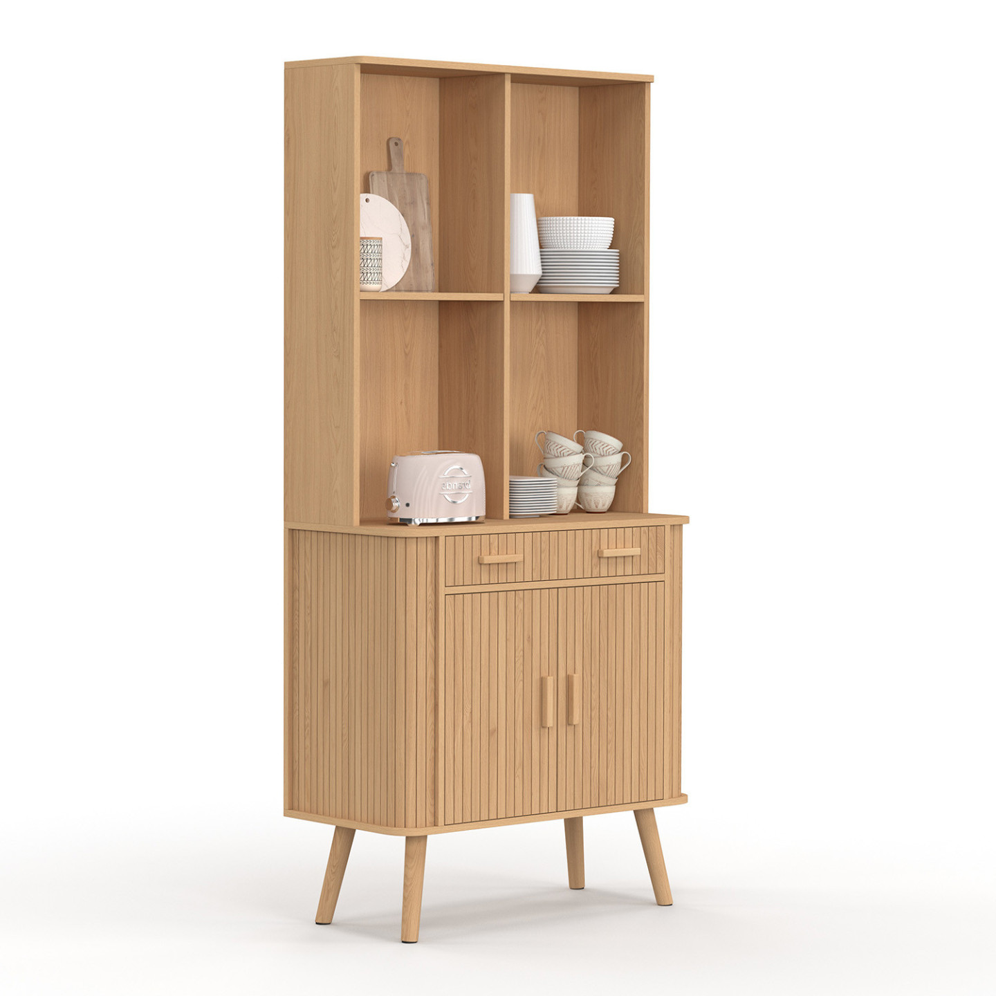 Küchenbuffet 80 CM 2 Türen + Schublade Effekt Latten Holzleisten - ROMIE