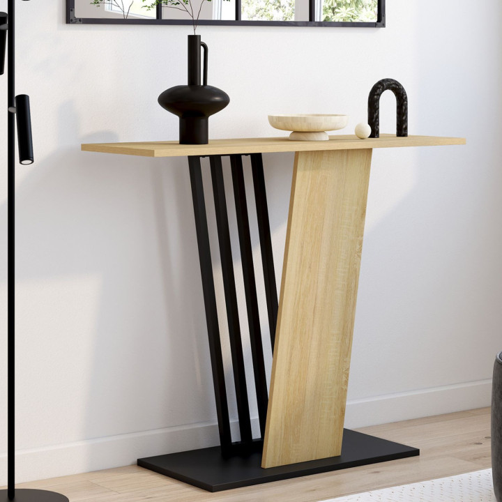 Consola con tapa de madera y pata cruzada negra - VICKY | IdMarket