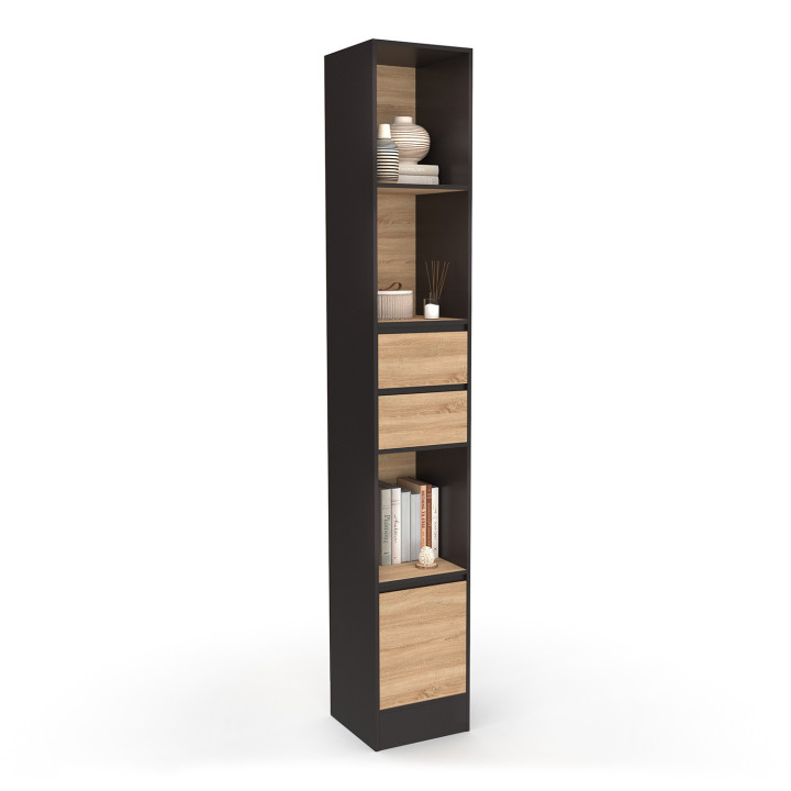 Estantería librería 2 cajones 3 estantes 1 armario efecto negro y madera 190 cm - CARLA | IdMarket