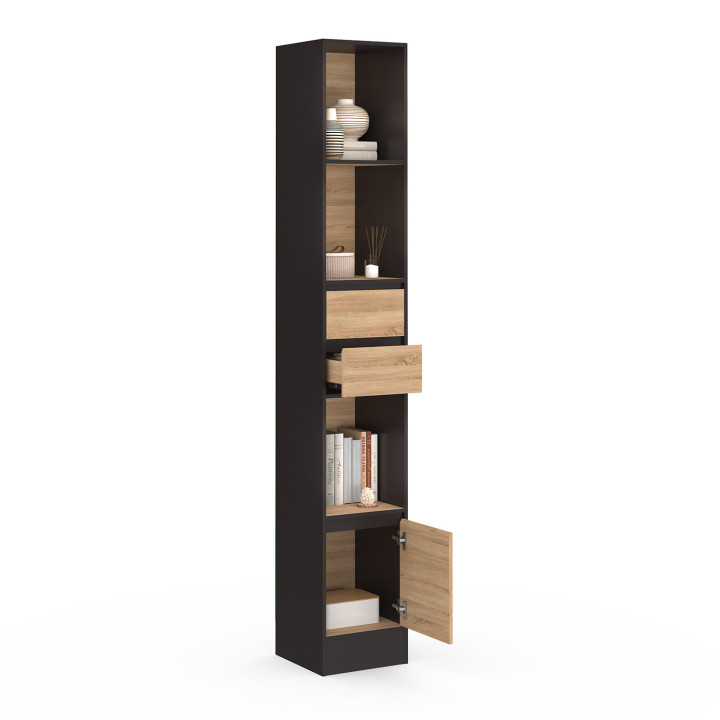 Estantería librería 2 cajones 3 estantes 1 armario efecto negro y madera 190 cm - CARLA | IdMarket