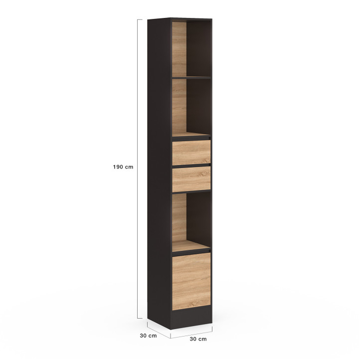 Estantería librería 2 cajones 3 estantes 1 armario efecto negro y madera 190 cm - CARLA | IdMarket