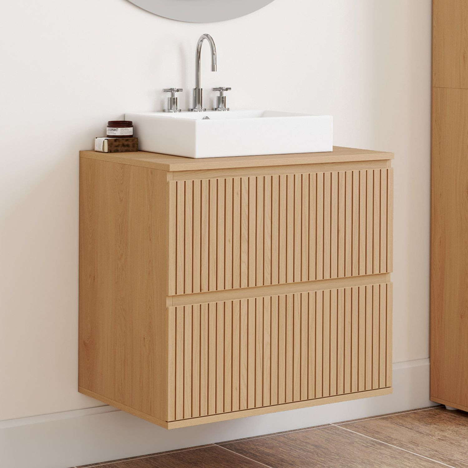 Meuble sous vasque suspendu salle de bain 2 tiroirs effet lattes