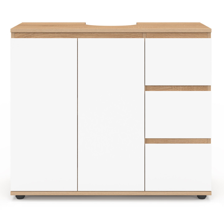 TOMI badmeubel met kast en 3 laden, afwerking beuken en wit