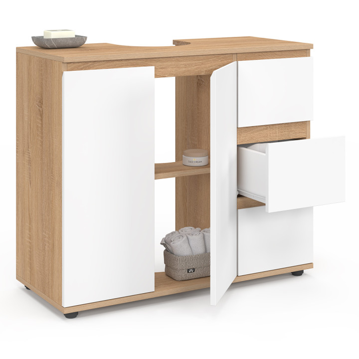 Mobiletto da bagno TOMI con armadio e 3 cassetti, finitura faggio e bianco