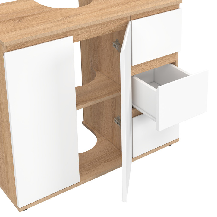 Meuble Sous Lavabo TOMI - Hêtre Et Blanc, 70x30x60 Cm, Avec 3 Tiroirs Et Placard
