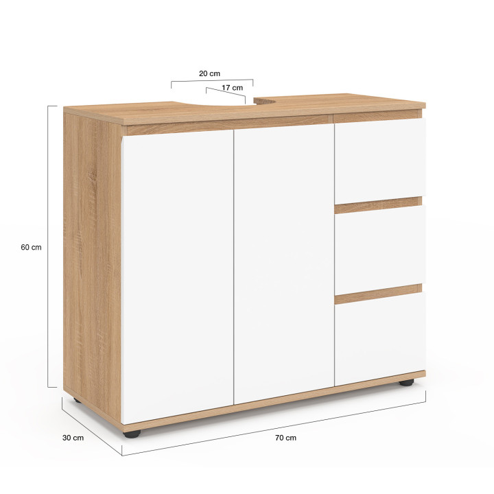 Mobiletto da bagno TOMI con armadio e 3 cassetti, finitura faggio e bianco