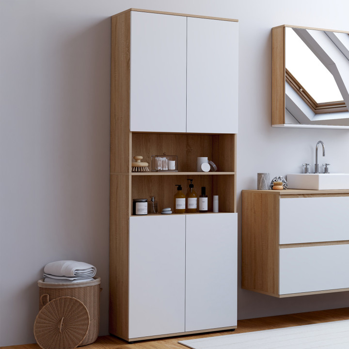 Mueble de baño de 4 puertas con 2 huecos en haya y blanco - TOMI | IdMarket
