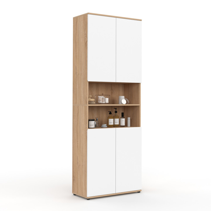 Meuble colonne salle de bain TOMI 4 portes 2 niches façon hêtre et blanc