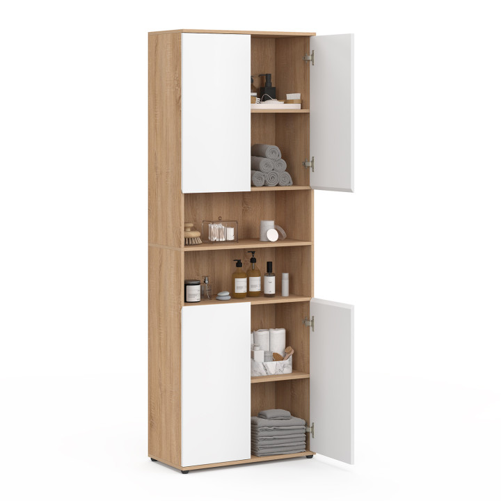 Mueble de baño de 4 puertas con 2 huecos en haya y blanco - TOMI | IdMarket